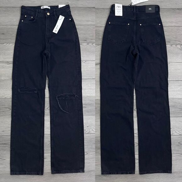 Zara Women Size 2 Black Distressed Straight Leg Super High Rise NEW Denim Jeans - Picture 1 of 15